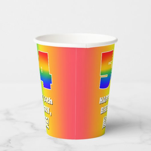 54. Geburtstag: Farbiges, lustiges Regenbogenmuste Pappbecher (Rechts)
