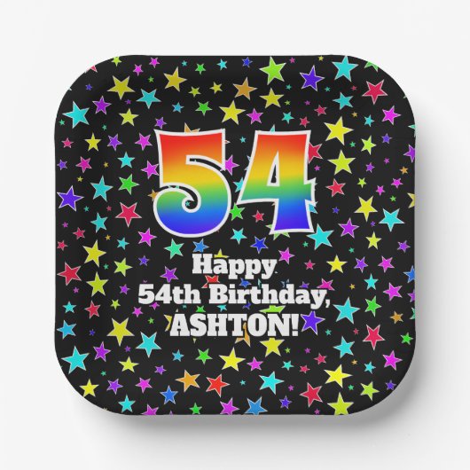 54th Birthday: Fun Stars Pattern and Rainbow “54” Pappteller (Vorderseite)