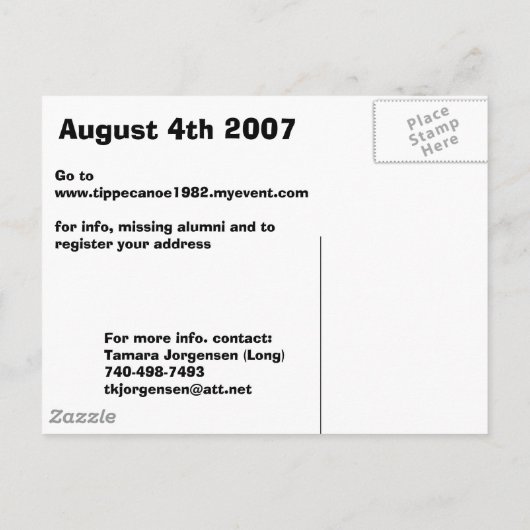 555, TIPPECANOE HOCHSCHULE KLASSE VON 1982, 25 Y.. EINLADUNGSPOSTKARTE (Rückseite)