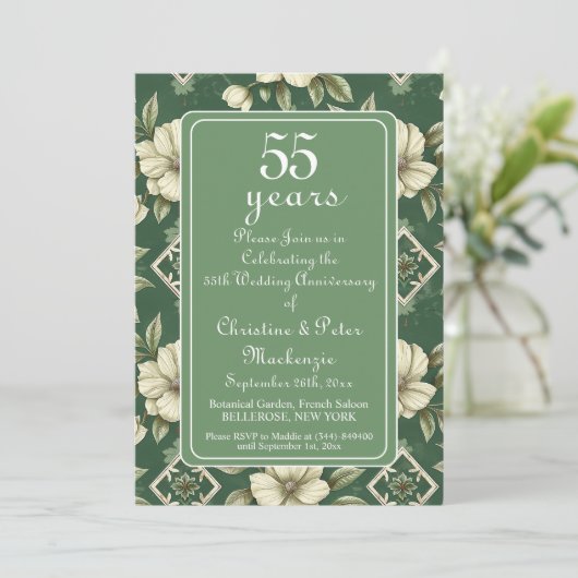 55. Emerald Ivory Floral Wedding Jubiläum Einladung (Stehend Vorderseite)