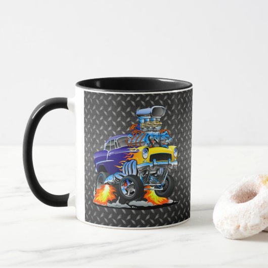 55 Funny Car Metal Diamond Schachbrett Plate Tasse (Mit Donut)