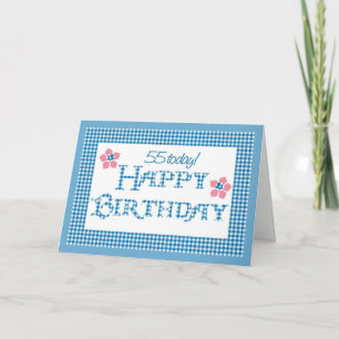 55. Geburtstag, blaues Karo-Gingham-Muster Karte
