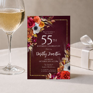 55. Geburtstag Burgunder Herbstblumen Elegantes Sk Einladung