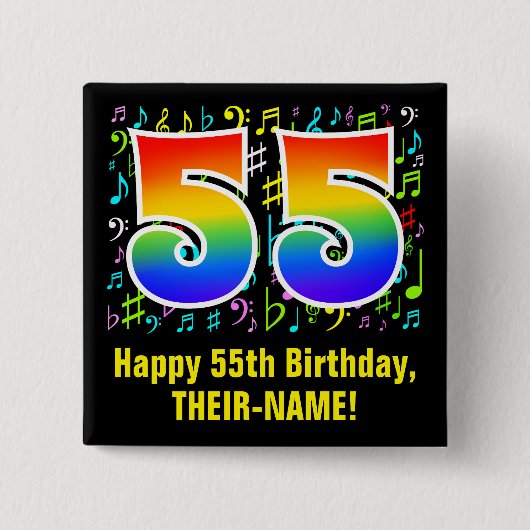55. Geburtstag: Farbige Musiksymbole, Regenbogen 5 Button (Vorderseite)