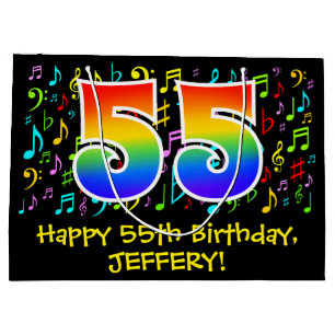 55. Geburtstag - Farbige Musiksymbole, Regenbogen  Große Geschenktüte