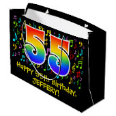 55. Geburtstag - Farbige Musiksymbole, Regenbogen Große Geschenktüte (Rückseite Schrägansicht)