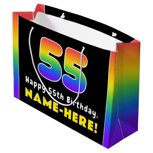 55. Geburtstag: Farbiger Regenbogen # 55, Individu Große Geschenktüte (Rückseite Schrägansicht)