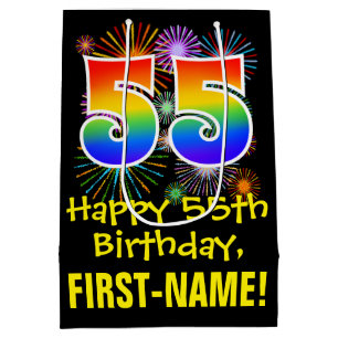 55. Geburtstag: Fun Fireworks Muster + Regenbogen Mittlere Geschenktüte