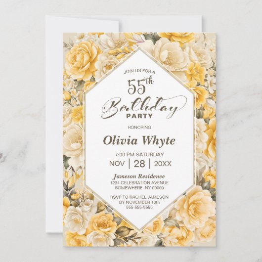 55. Geburtstag Gelbes Rosenblumengebirge Party Einladung (Vorderseite)