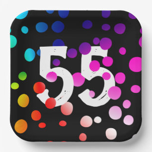 55. Geburtstag Rainbow Dots auf Black Pappteller