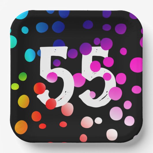 55. Geburtstag Rainbow Dots auf Black Pappteller (Vorderseite)