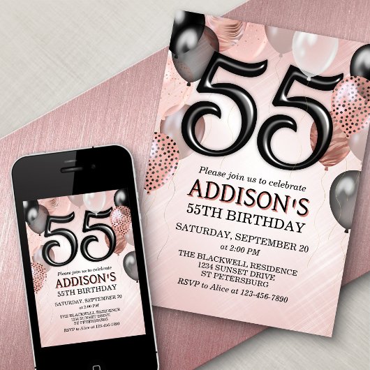 55. Geburtstag Rose Gold Ballons Einladung