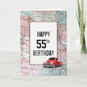 55. Geburtstag roter Retro-LKW auf Karte