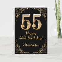 55. Geburtstag Schwarz und Gold Glitzer Rahmen