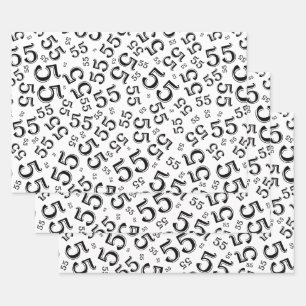 55. Geburtstag Schwarz/Weiß Random Zahlenmuster 5 Geschenkpapier Set