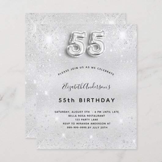 55. Geburtstag Silber Glitzer Einladung (Vorne/Hinten)