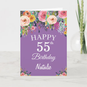 55. Geburtstag Wasserfarbe Floral Blumen Lila Karte