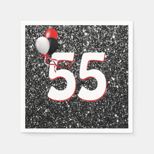 55. Geburtstagsballons auf dem Schwarzen Glitzer N Serviette