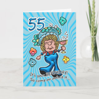 55. Geburtstagskarte - Fun Lady mit Glas Wein Karte