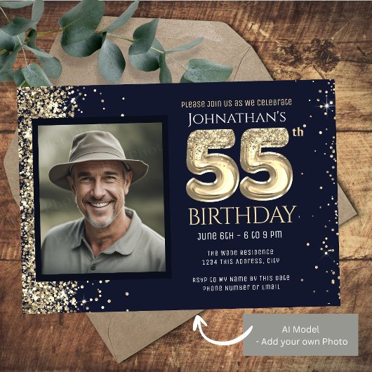 55. Geburtstagsparty Gold Blue Einladung