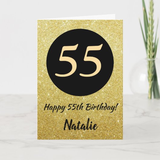 55. Happy Birthday Black and Gold Glitzer Card Karte (Vorderseite)