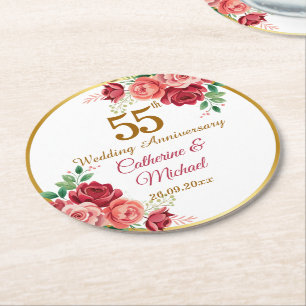 55. Hochzeitsjubiläum Goldrahmen Blumen Runder Pappuntersetzer