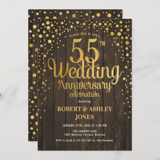 55. Hochzeitstag - Holz & Gold Einladung (Vorne/Hinten)