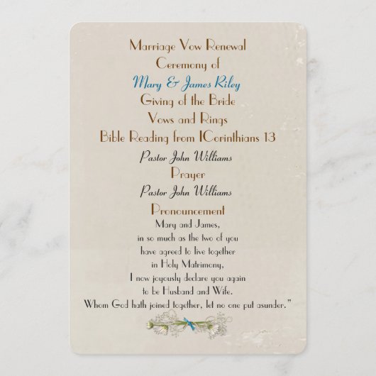 55-jähriges Vow Renewal Wedding Program Programm (Rückseite)