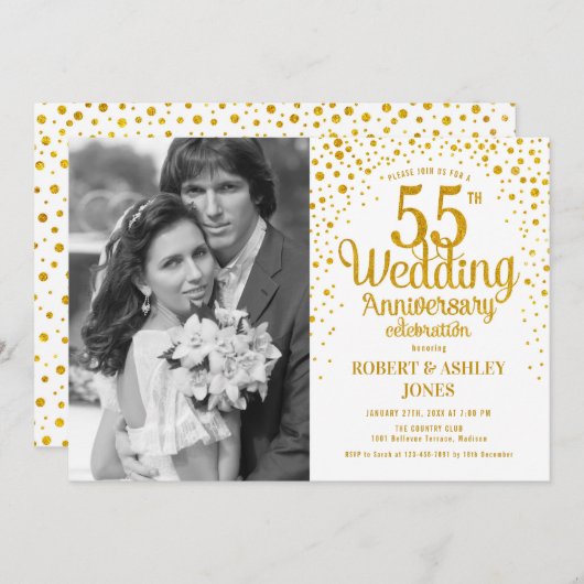 55. Jubiläum mit Foto - Weißes Gold Einladung (Vorne/Hinten)