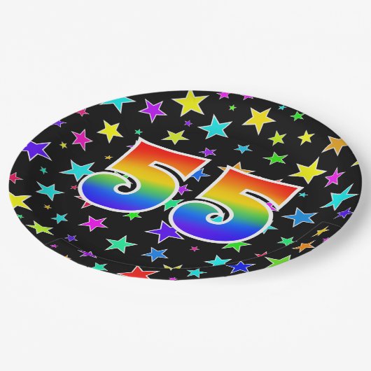 55. Veranstaltung: Fett, Spaß, farbiger Regenbogen Pappteller (Schrägansicht)