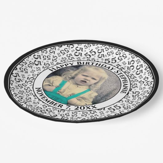 55 Your Photo Random Number Pattern Black/White Pappteller (Schrägansicht)