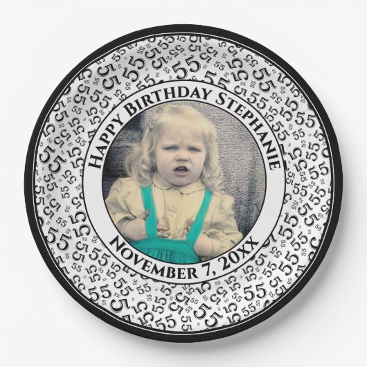 55 Your Photo Random Number Pattern Black/White Pappteller (Vorderseite)