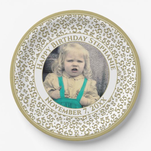 55 Your Photo Random Number Pattern Gold/White Pappteller (Vorderseite)