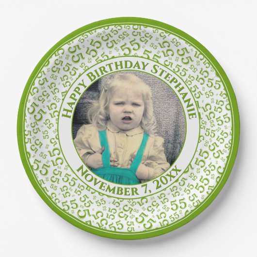 55 Your Photo Random Number Pattern Green/White Pappteller (Vorderseite)