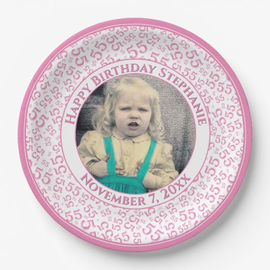 55 Your Photo Random Number Pattern Pink/White Pappteller (Vorderseite)