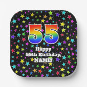 55th Birthday: Fun Stars Pattern and Rainbow “55” Pappteller (Vorderseite)