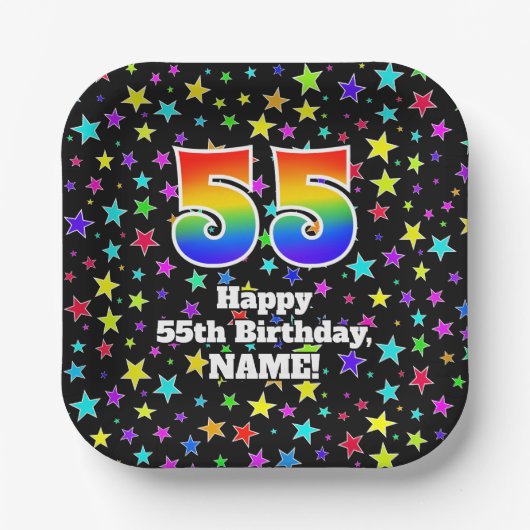 55th Birthday: Fun Stars Pattern and Rainbow “55” Pappteller (Vorderseite)