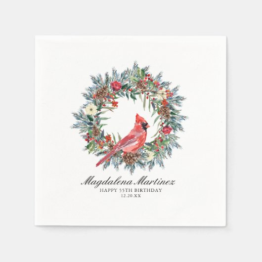 55th Birthday Red Cardinal Wreath Custom Cocktail Serviette (Vorderseite)