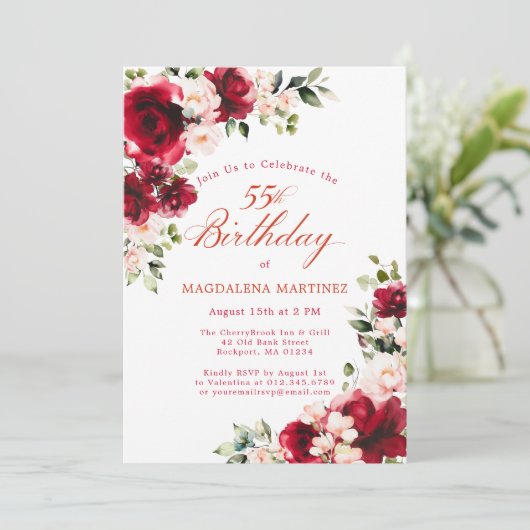 55th Birthday Red Rose Pink Peony Floral Einladung (Stehend Vorderseite)