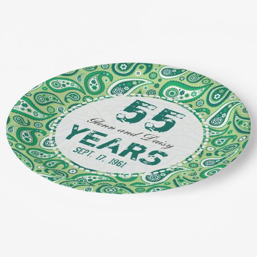 55th Emerald Wedding Annivers Paisley Pattern Pappteller (Schrägansicht)