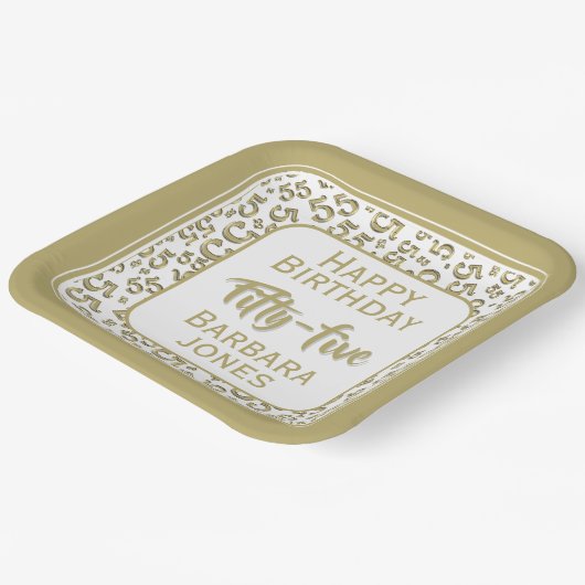 55th Party Random Number Pattern Gold/White Pappteller (Gewinkelt)