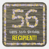 56. Geburtstag: Blumennummer, Imitate Holzbild, Na Quadratischer Aufkleber (Vorderseite)