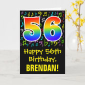 56. Geburtstag: Farbige Musiksymbole + Regenbogen Karte (Gelbe Blume)