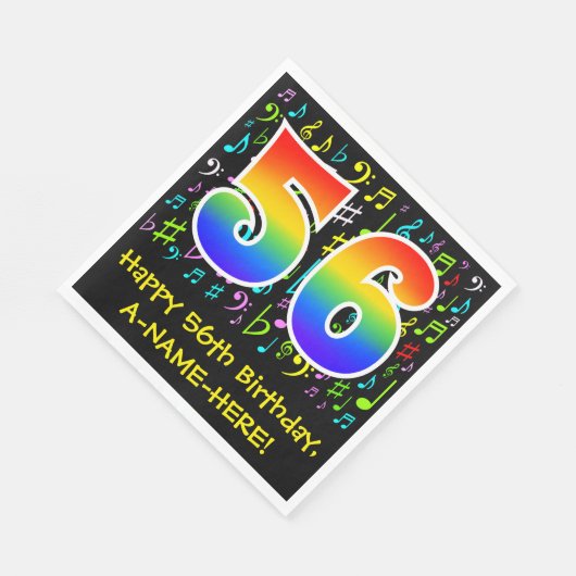 56. Geburtstag - Farbige Musiksymbole, Regenbogen Serviette (Ecke)