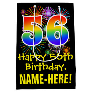 56. Geburtstag: Fun Fireworks Pattern + Rainbow 56 Mittlere Geschenktüte