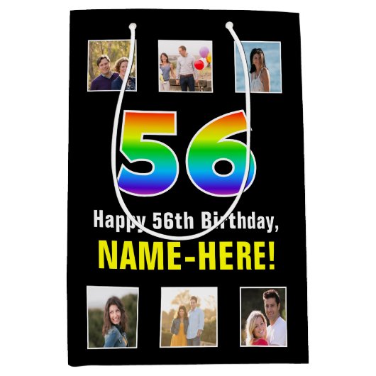 56. Geburtstag: Regenbogen "56", benutzerdefiniert Mittlere Geschenktüte (Vorderseite)