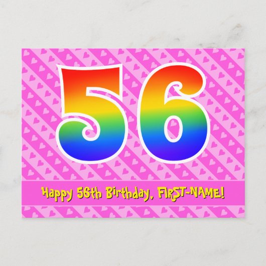 56. Geburtstag: Rosa Streifen & Herz, Regenbogen 5 Postkarte (Vorderseite)