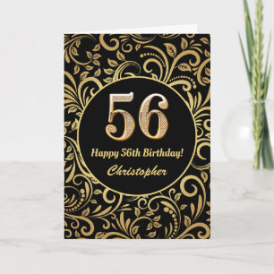 56. Geburtstag Schwarz-Gold-Blütenmuster Karte