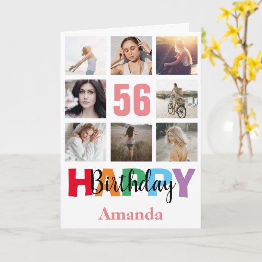 56. Happy Birthday Foto Collage Moderne rosa Karte (Gelbe Blume)