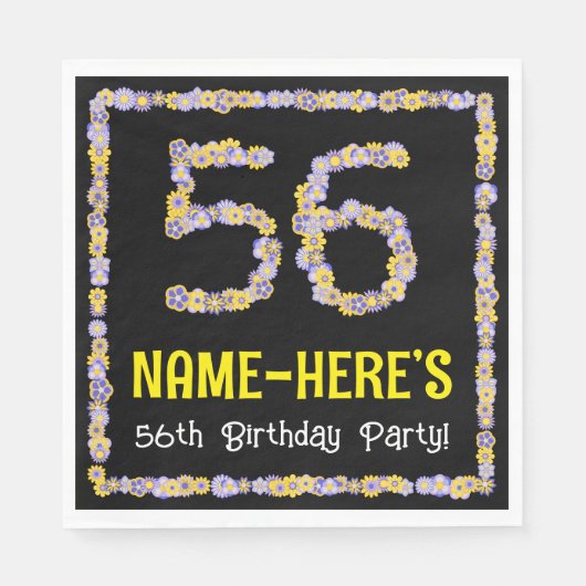 56th Birthday: Floral Flowers Number, Custom Name Serviette (Vorderseite)